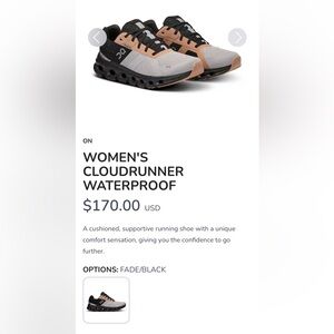 On Cloudrunner Waterproof Womens Sz 8 52.98051 Fade/Black Worn 1X Like New